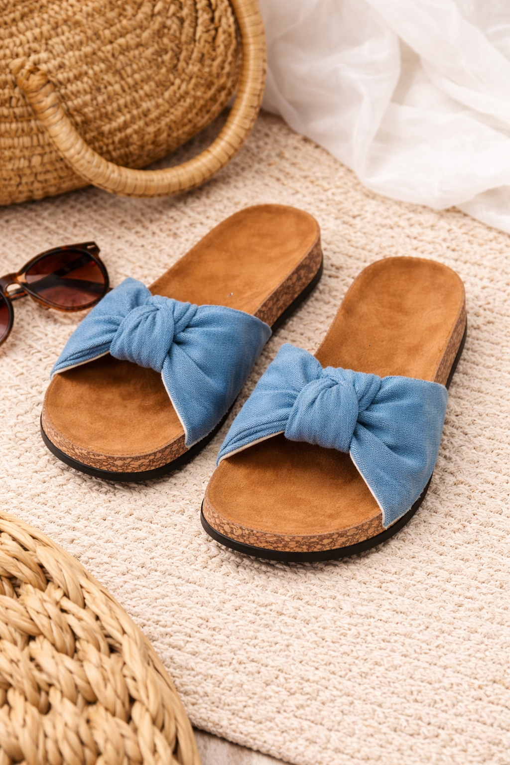Denim Bow Cork Slide Sandals